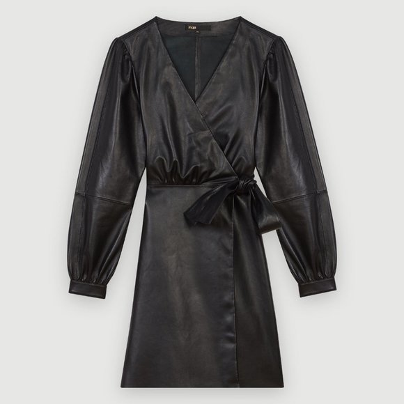 faux leather button up dress Black Faux Leather Puff Sleeve Shirt Dress